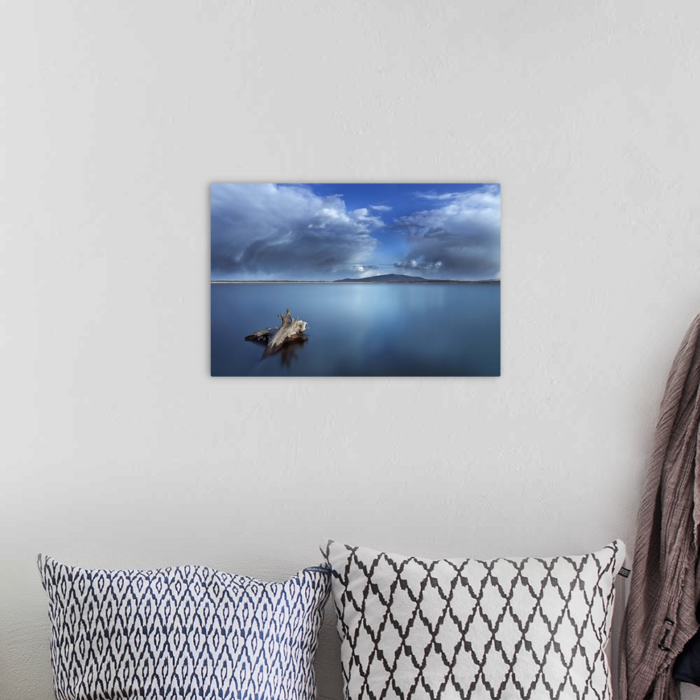 A bohemian room featuring A piece of driftwood in the still waters of a Polish lake, with a cloudy sky above.
