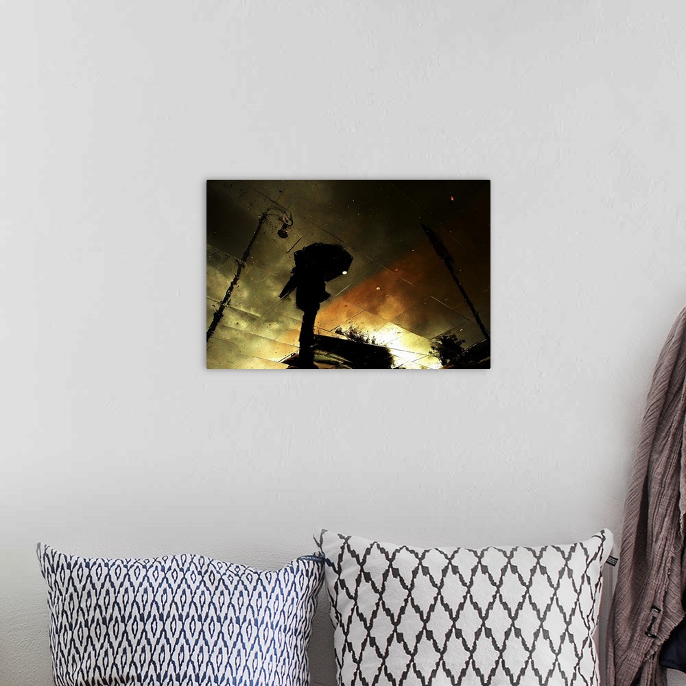 A bohemian room featuring Photo of the reflection of a figure with an umbrella, streetlights, and colors of the sunset, vie...