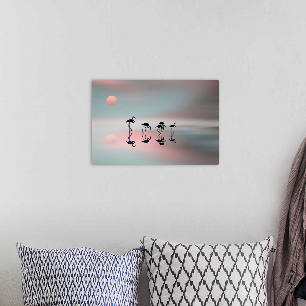 A bohemian room featuring Five flamingos silhouetted against a pastel sky and water.