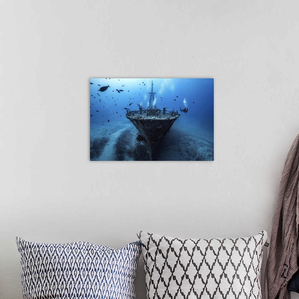 A bohemian room featuring A diver exploring the a shipwreck at the bottom of the ocean.