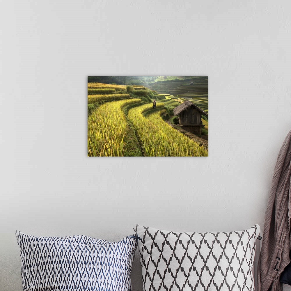 A bohemian room featuring Landscape photograph of a farmer walking through rice fields.