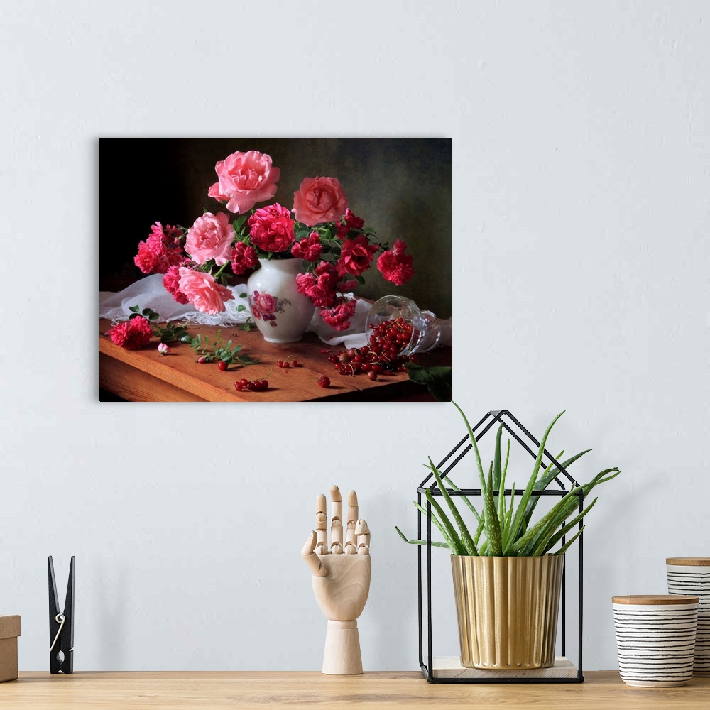A bohemian room featuring Still Life With Roses and Berries