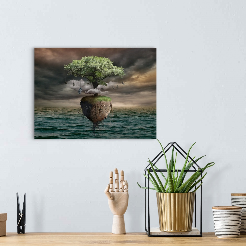 A bohemian room featuring Conceptual artwork of a tree on an island floating above the ocean.