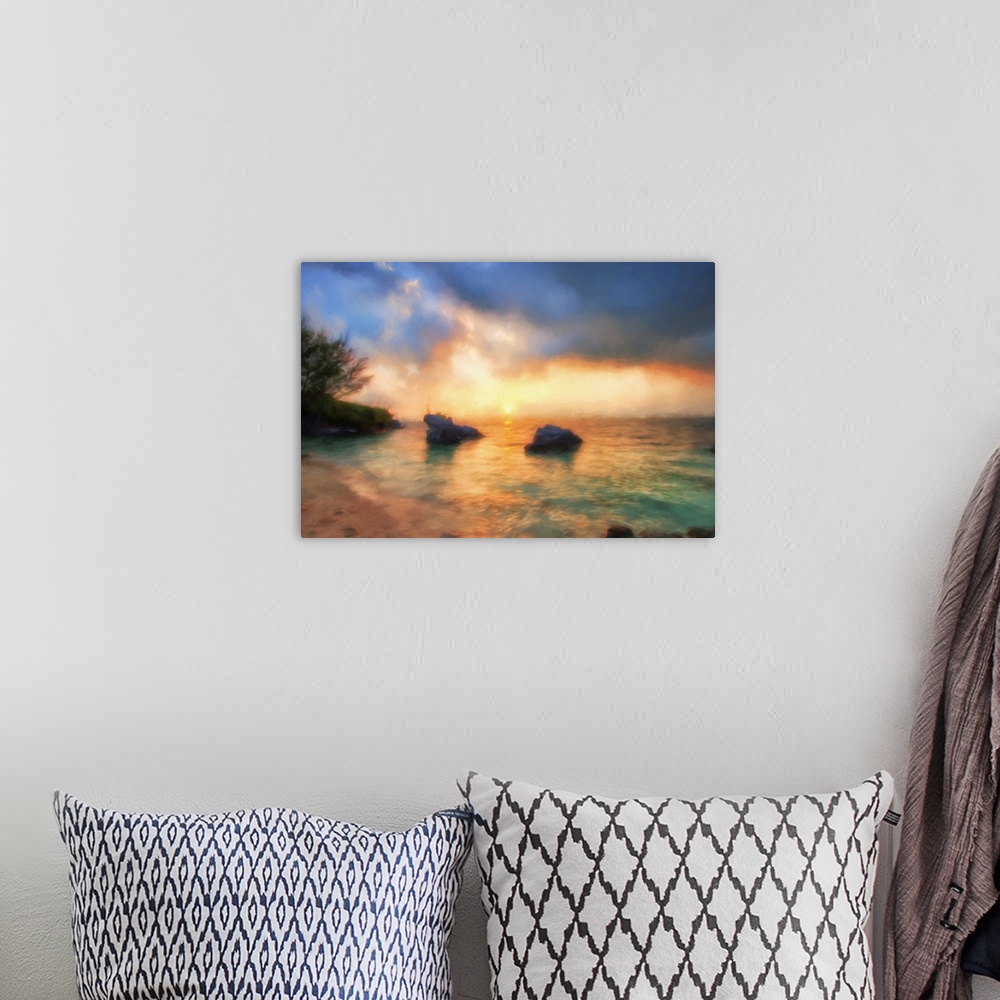 A bohemian room featuring Ethereal image of a sunset on the horizon of a tropical ocean.