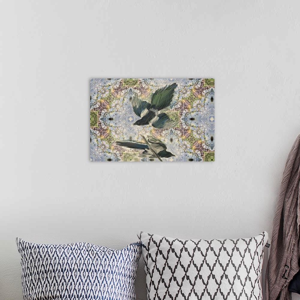 A bohemian room featuring Contemporary painting of two birds in flight on a blue, purple, and green decorative background.