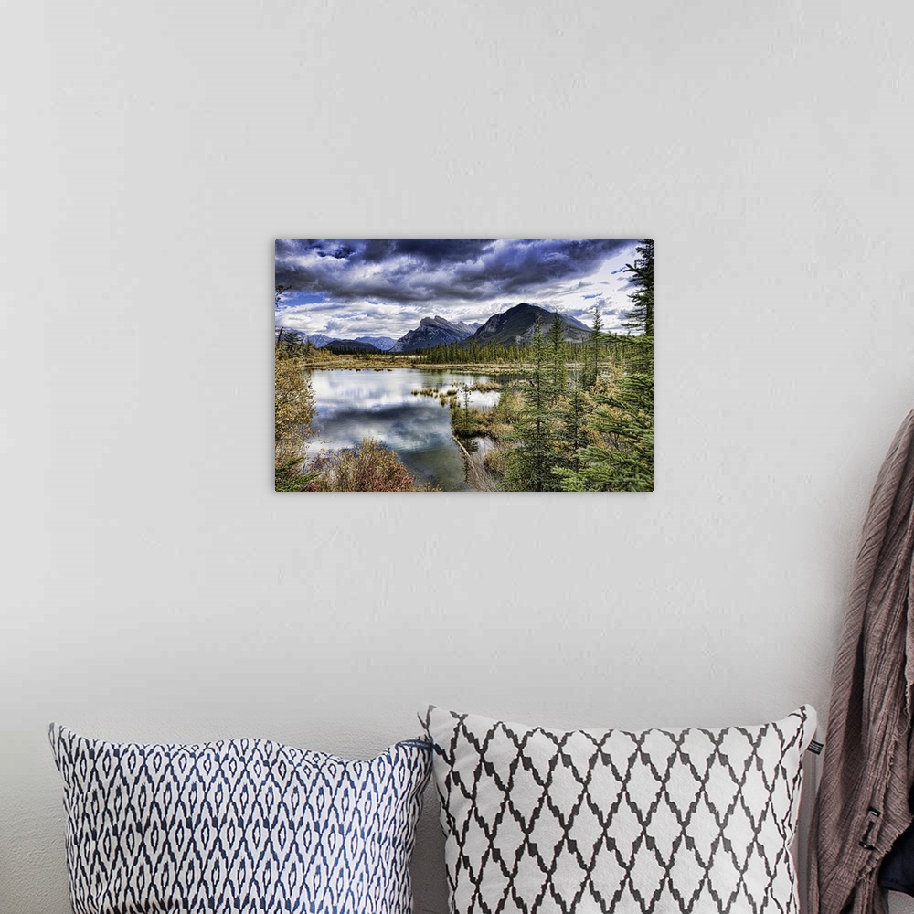 A bohemian room featuring View across Vermilion Lakes to Mount Rundle (middle) and Sulfer Mountain (right) and the town of ...