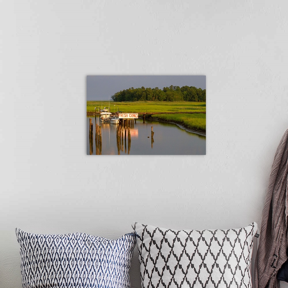 A bohemian room featuring A marsh and boat dock near the York River.