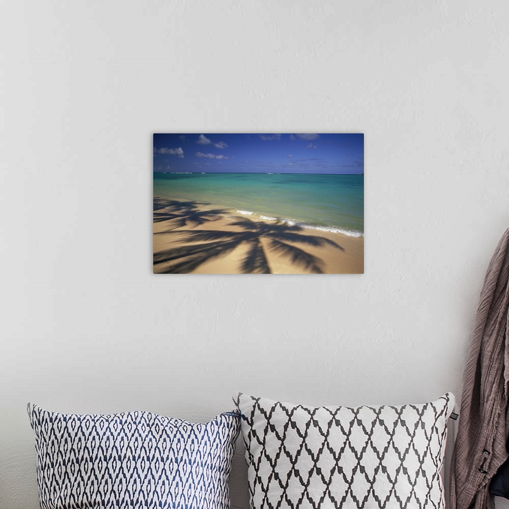 A bohemian room featuring Large photo printed on canvas of the shadows of big palm trees.