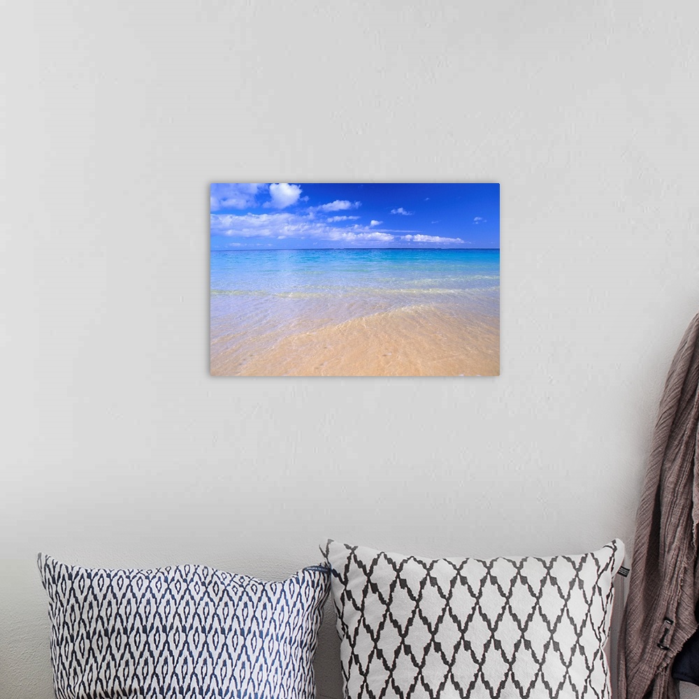 A bohemian room featuring Blue Sky With Clouds, Calm Shoreline, Turquoise Water On Horizon