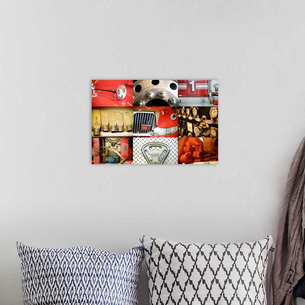 A bohemian room featuring Collage Of A Red Firetruck And All Its Components