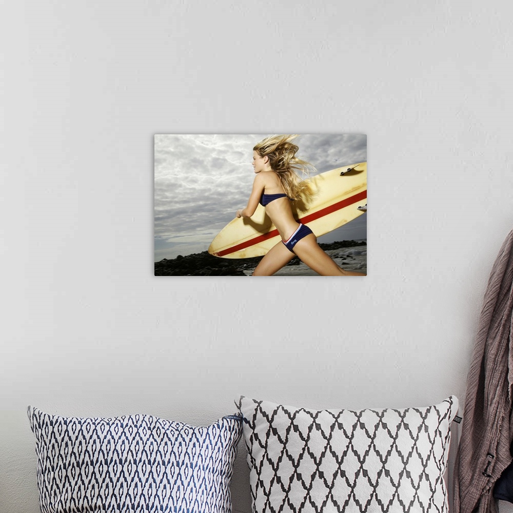 A bohemian room featuring Hawaii, Kauai, Kealia Beach, Surfer Girl Enjoying A Day Out.