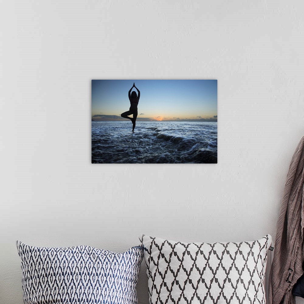 A bohemian room featuring Hawaii, Oahu, Fit Young Girl On The Beach Doing Yoga On The Rocky Coastline
