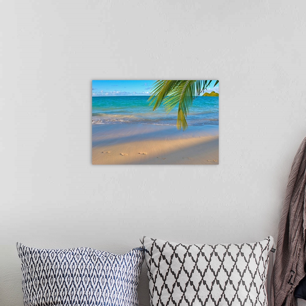 A bohemian room featuring Panoramic photograph of shoreline with footprints in the sand.  There is a grass covered mountain...