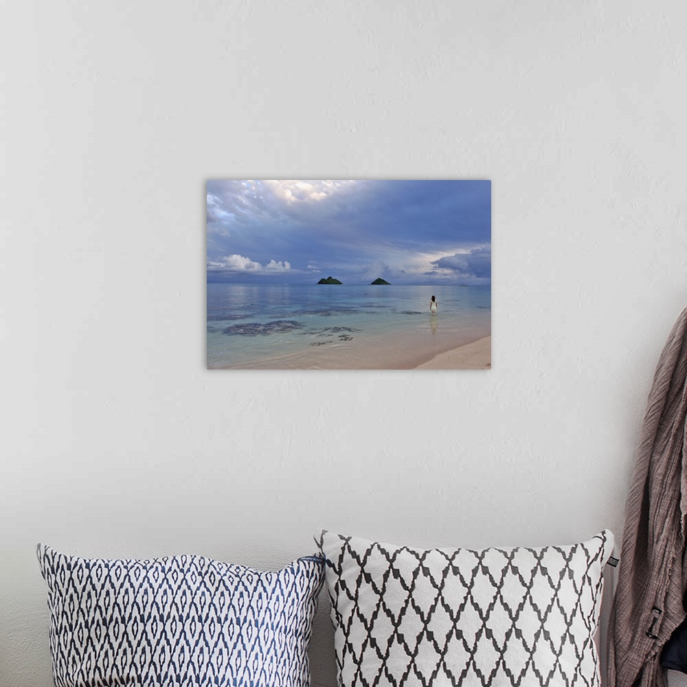 A bohemian room featuring Hawaii, Oahu, Lanikai, A Woman Wades In The Water At The Beach
