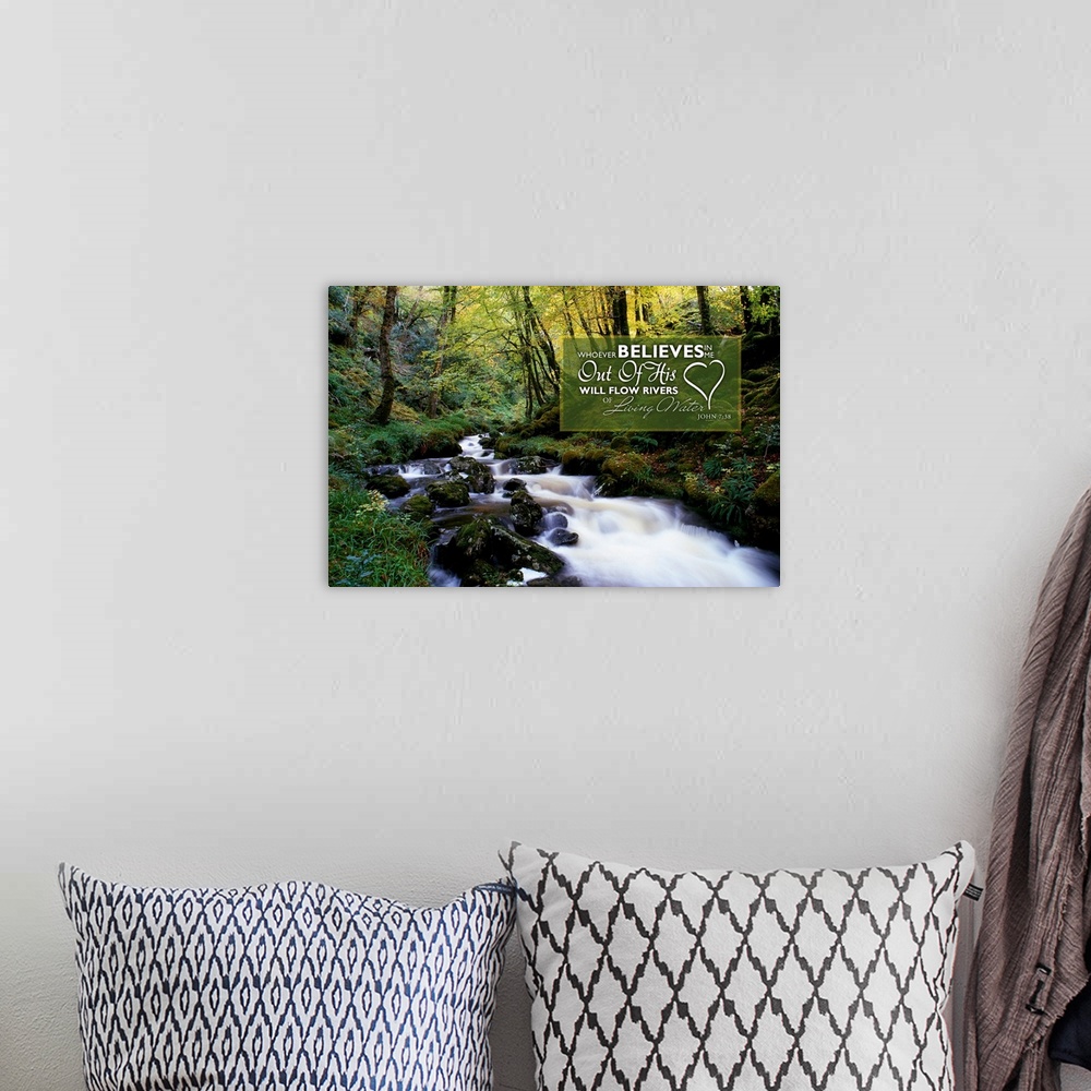A bohemian room featuring Image Of Water Flowing Over Rocks In A Stream And A Lush Forest With A Scripture From John 7:38.