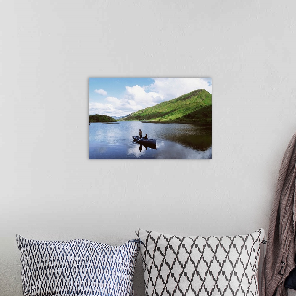 Kylemore Lake, Co Galway, Ireland; People Fishing On A Lake | Large Solid-Faced Canvas Wall Art Print | Great Big Canvas