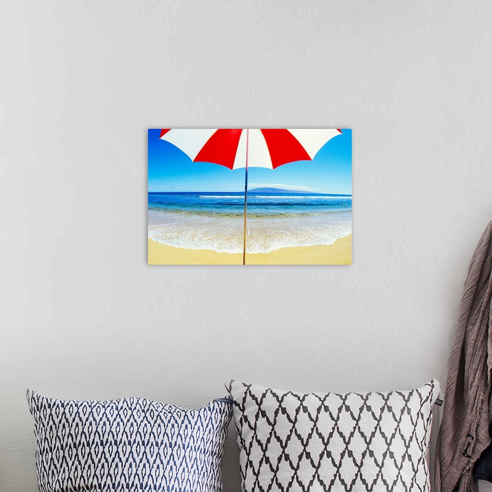 A bohemian room featuring Red And White Umbrella On The Beach, Blue Sky And Ocean