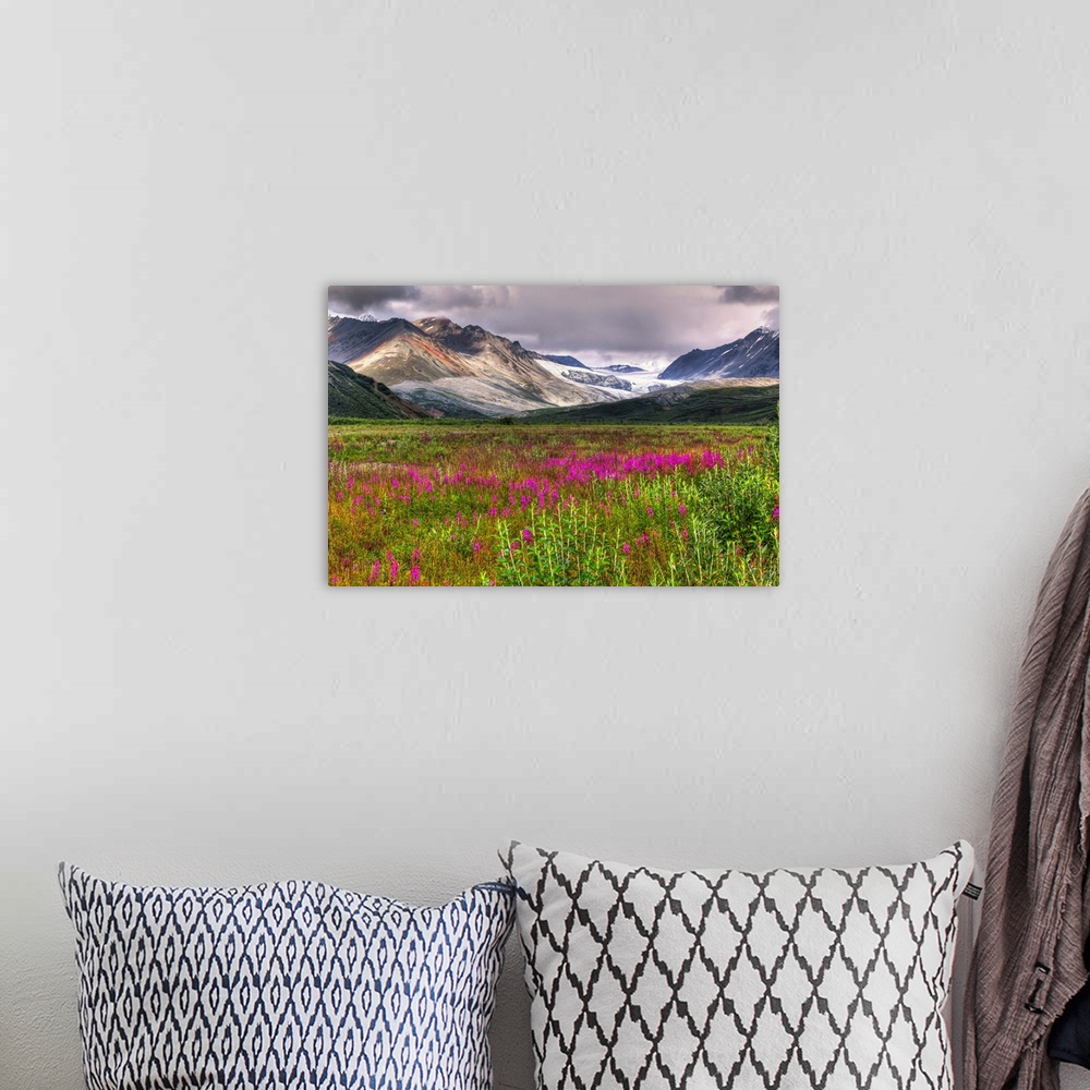 A bohemian room featuring View of the Gulkana Glacier from the Richardson Highway with fireweed in the foreground and the A...
