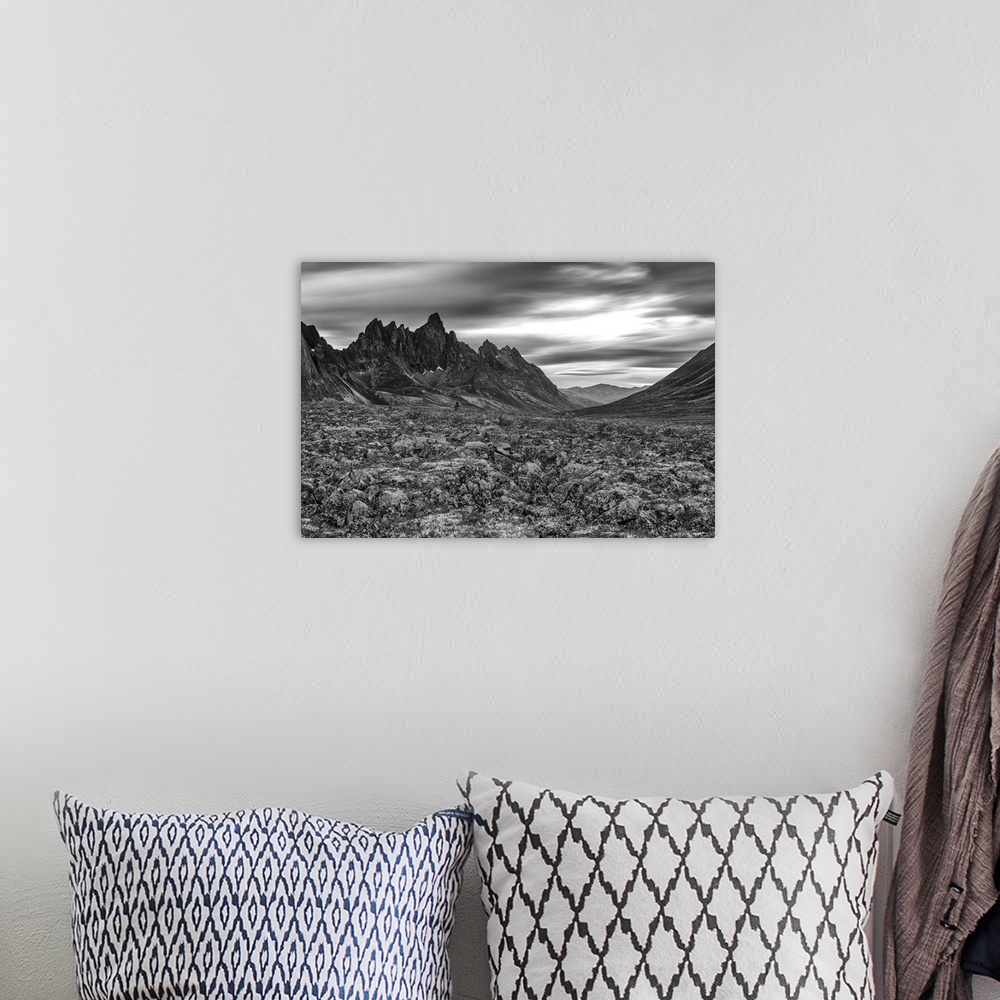 A bohemian room featuring Black and white image of the Tombstone Valley in Tombstone Territorial Park, Tombstone Mountain i...