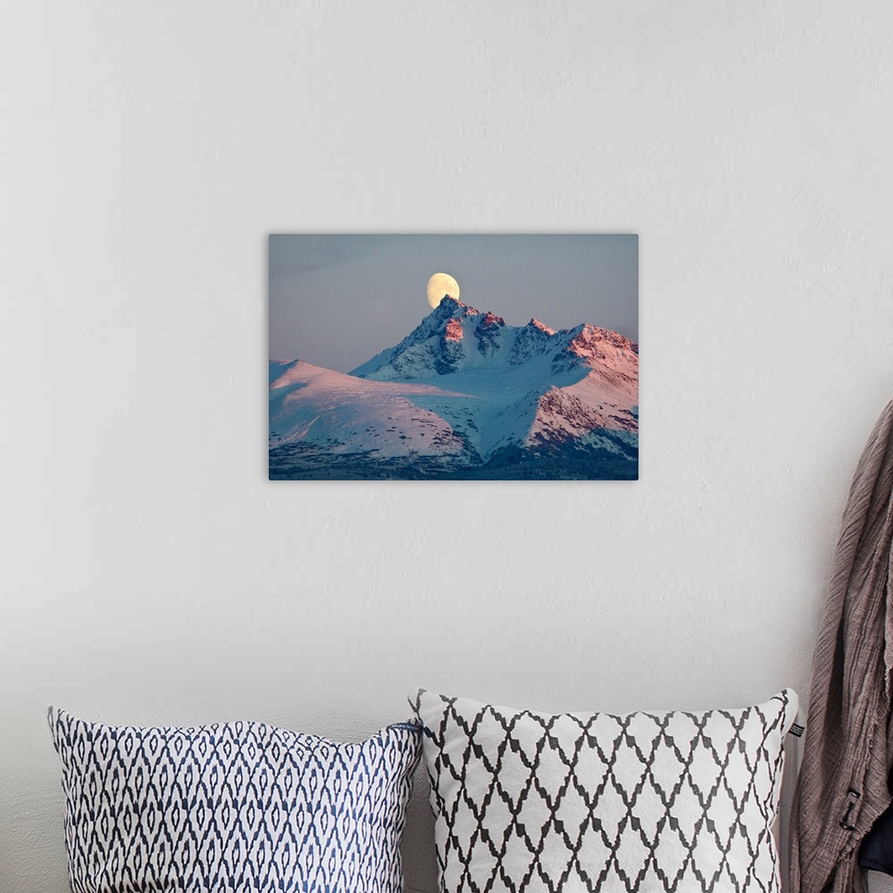 A bohemian room featuring View of moon rising behind O'Malley Peak, Chugach Mountains, Anchorage, Southcentral Alaska, Winter