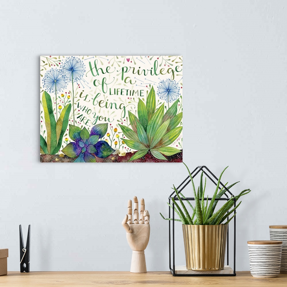 A bohemian room featuring Contemporary painting of small plants and dandelions under an inspirational quote.