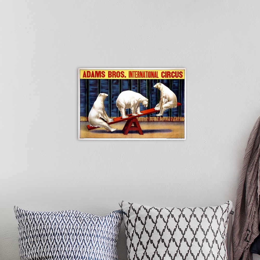 A bohemian room featuring Giant canvas art showcases an advertisement for a carnival as three polar bears are seen balancin...