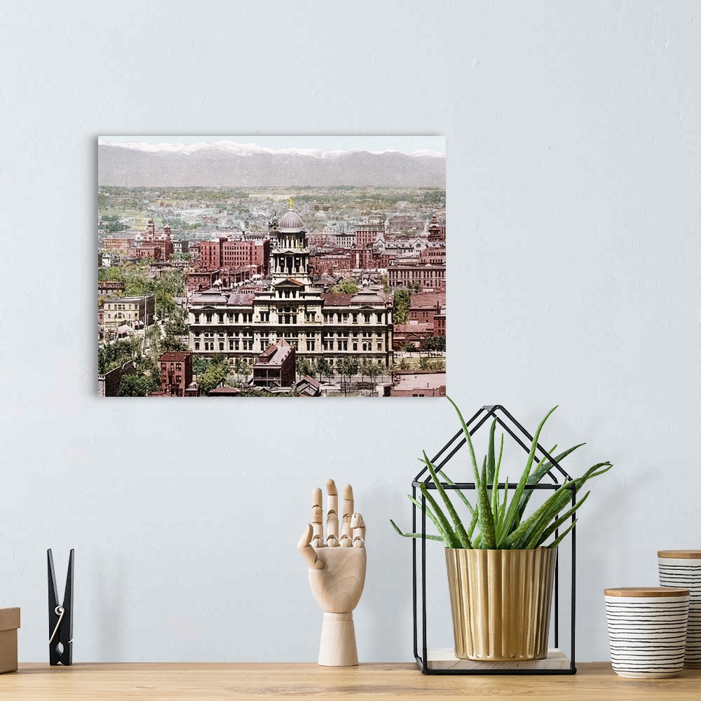 A bohemian room featuring Retro photograph on canvas of the cityscape of Denver.