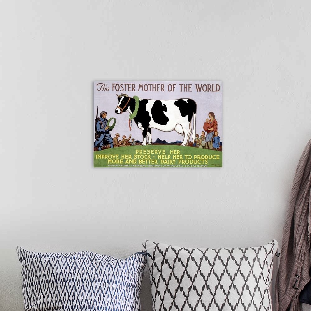 A bohemian room featuring Vintage poster that highlights a cow with people standing around her and about to crown her. The ...