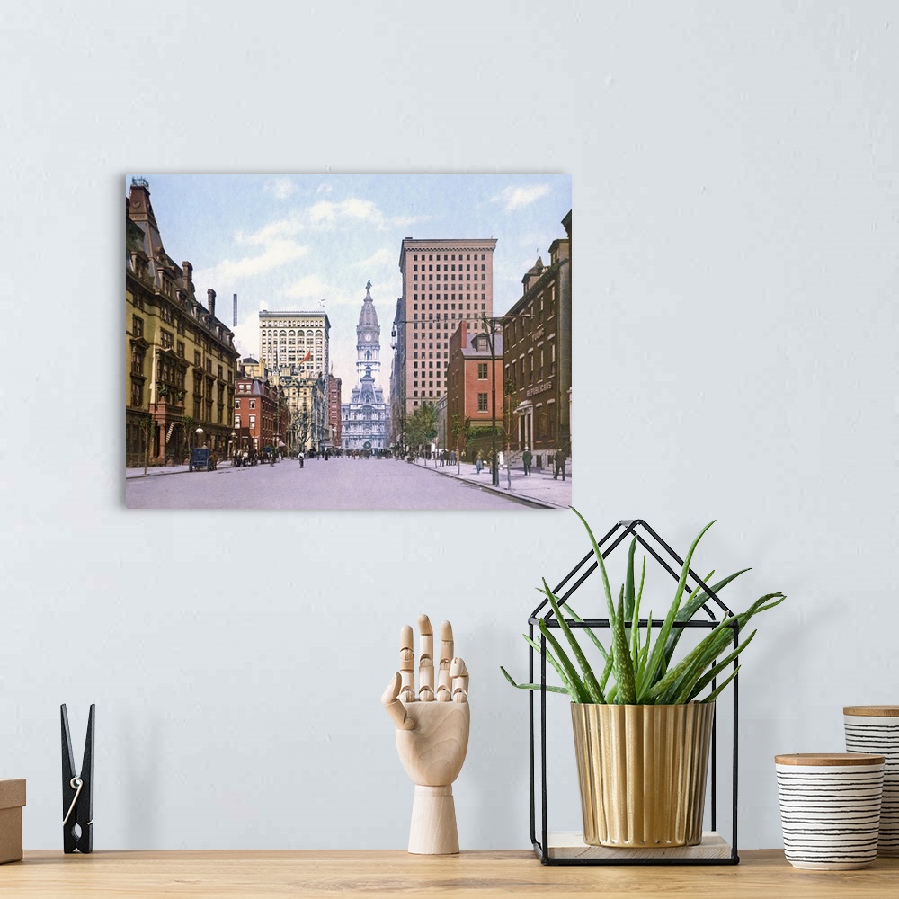 A bohemian room featuring Giant, landscape, vintage photograph looking down South Broad Street in Philadelphia, a row of bu...