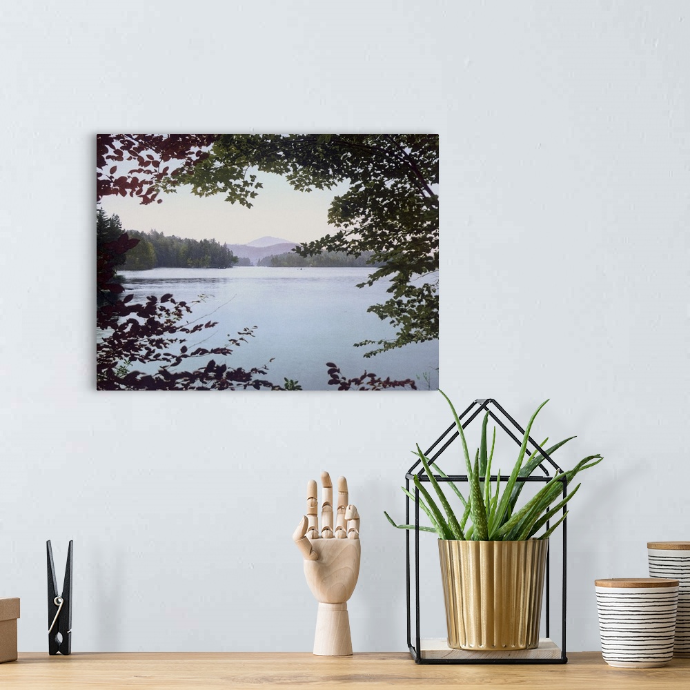 A bohemian room featuring Big photo print of a lake with a mountain in the distance seen through tree leaves making a borde...