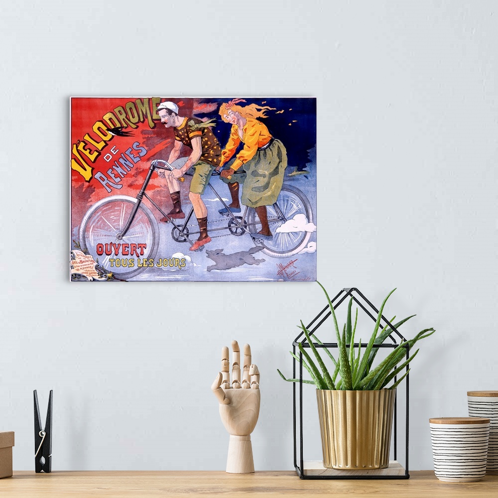 A bohemian room featuring Old poster print of couple riding on tandem bike down dark street at night.