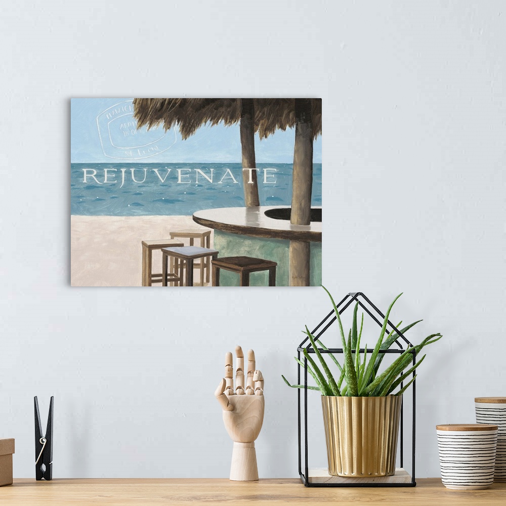 A bohemian room featuring Painting of a oceanside bar overlooking the water and sandy beach, with the word "Rejuvenate."