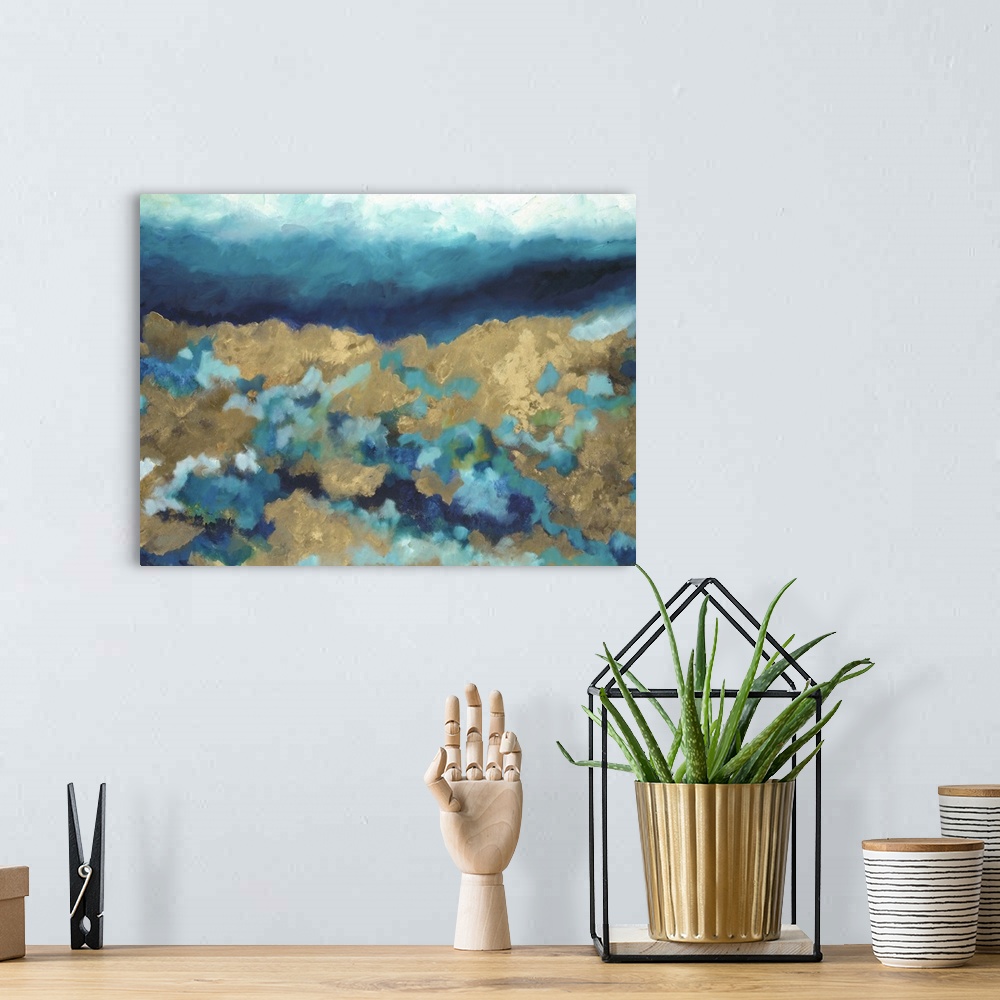 A bohemian room featuring Contemporary abstract painting using gold and various tone of blue green.