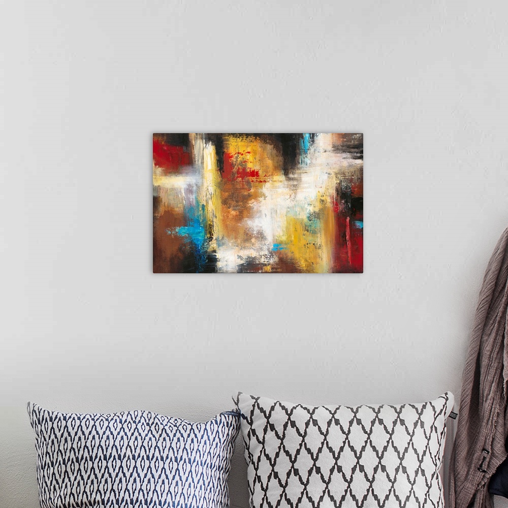 A bohemian room featuring Contemporary abstract painting using a variety of colors in smearing and striking motions.