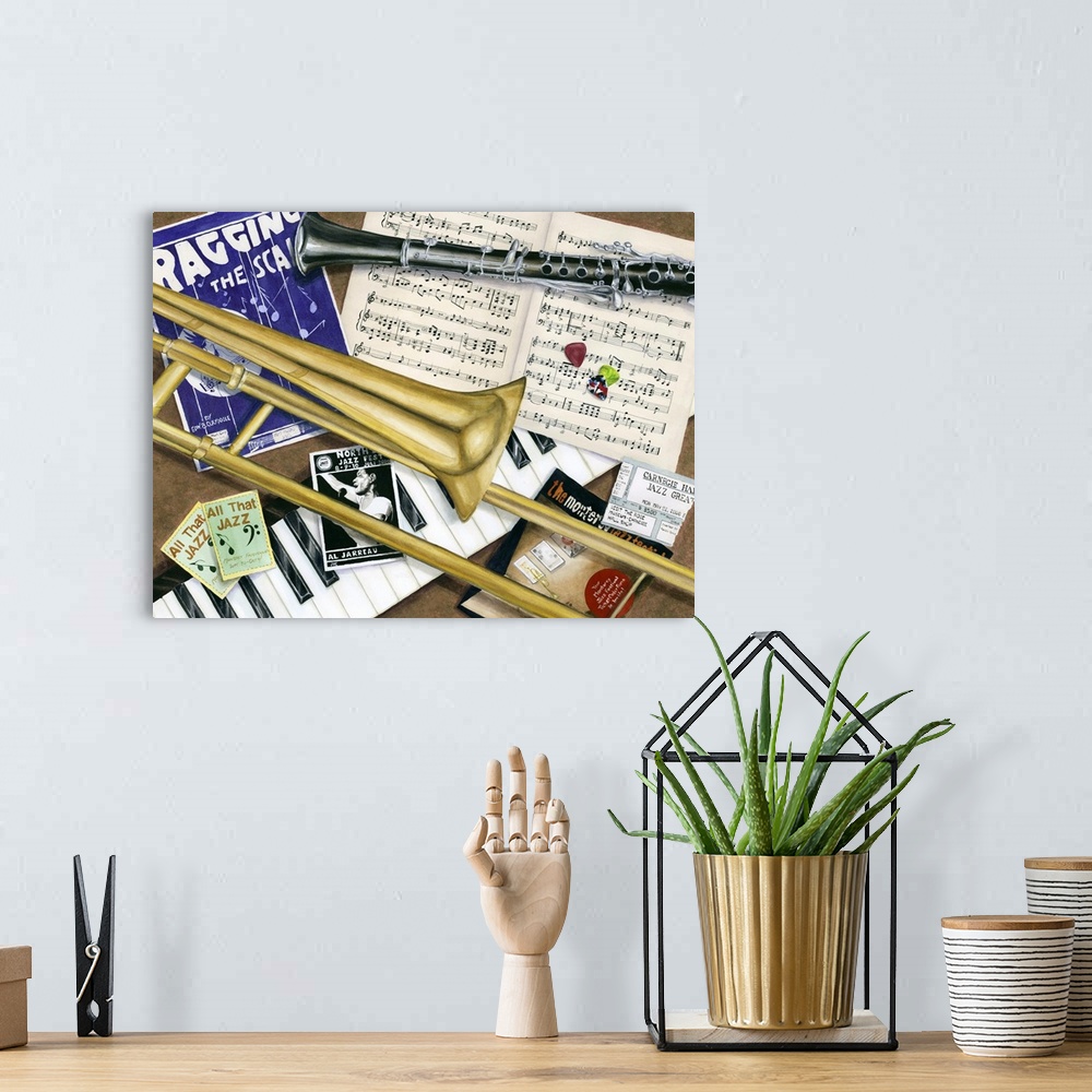 A bohemian room featuring Contemporary colorful still-life painting of instruments and jazz sheet music.