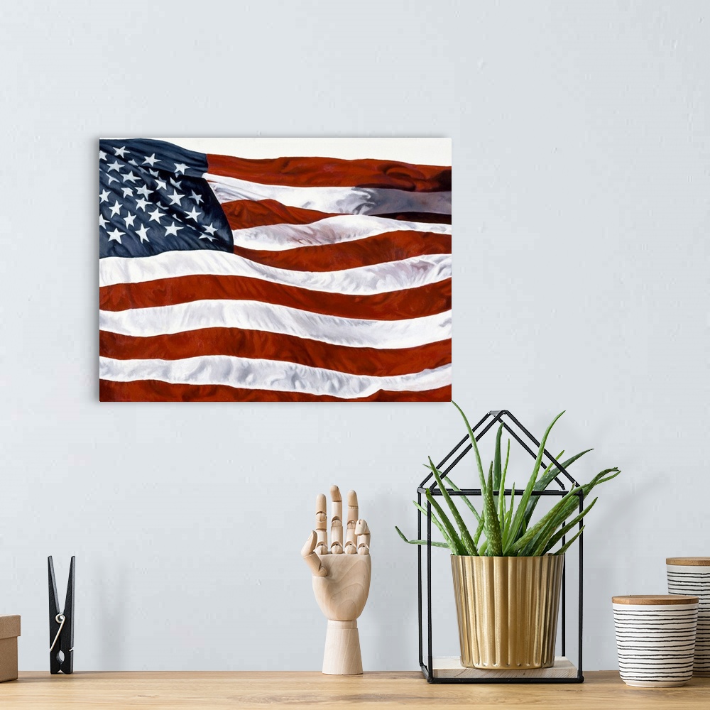 A bohemian room featuring An American flag waving in the wind.