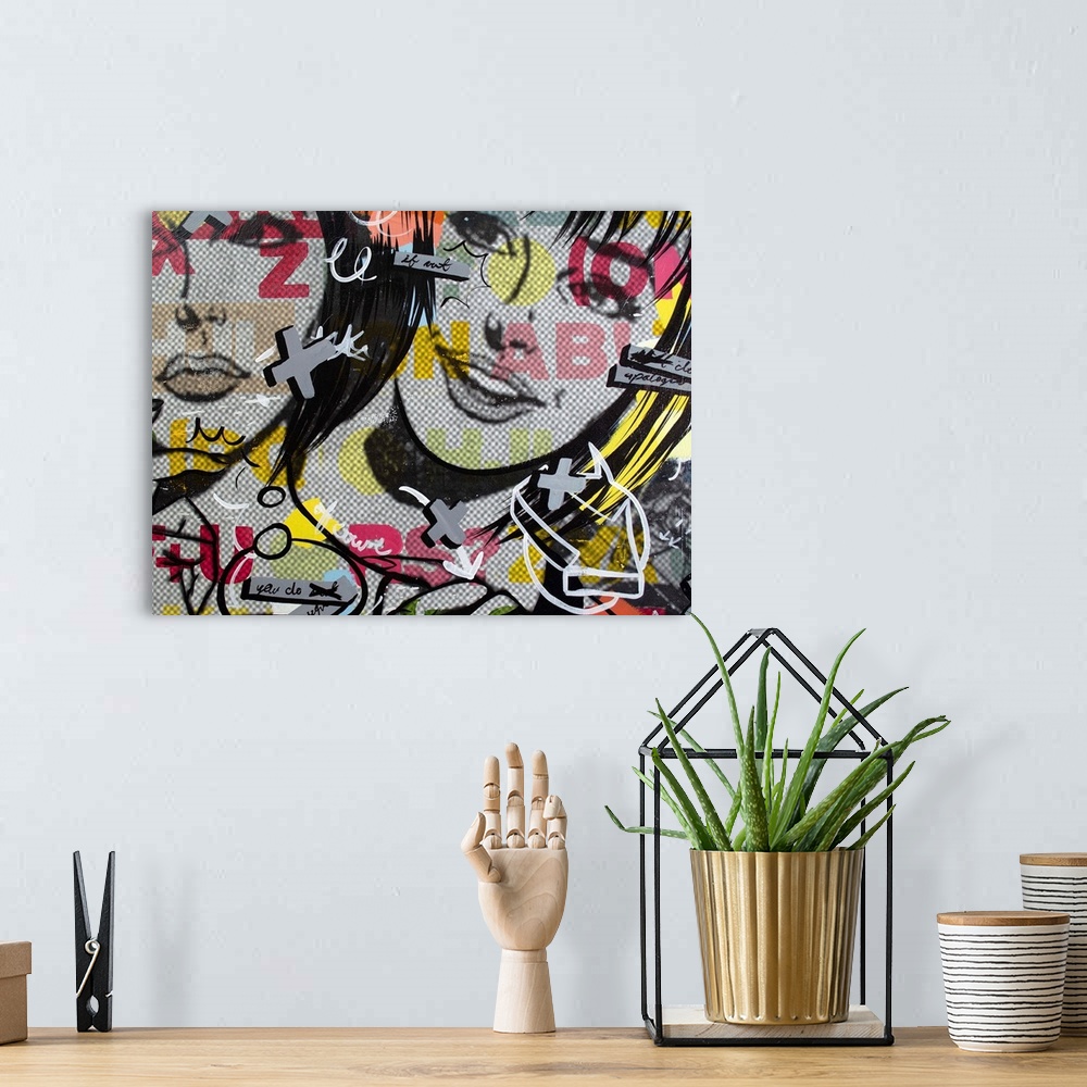 A bohemian room featuring Pop art composed of comic illustrations and bold text, reminiscent of Lichtenstein, of two women ...