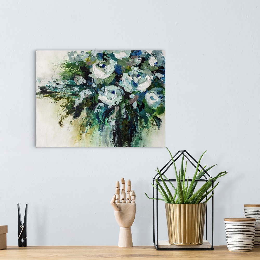 A bohemian room featuring Original painting of modern flower arrangement of turquoise aqua and white flowers by contemporar...