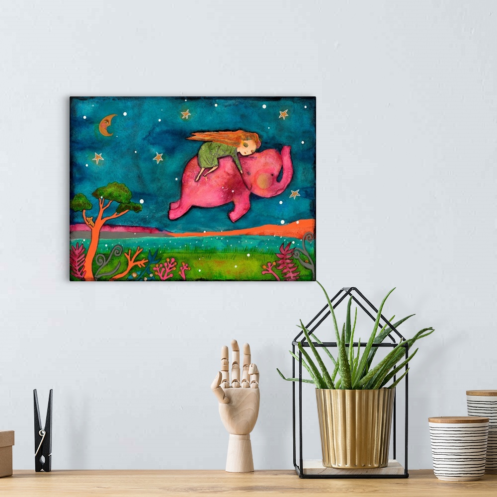 A bohemian room featuring A girl on a pink elephant flying through the night sky.