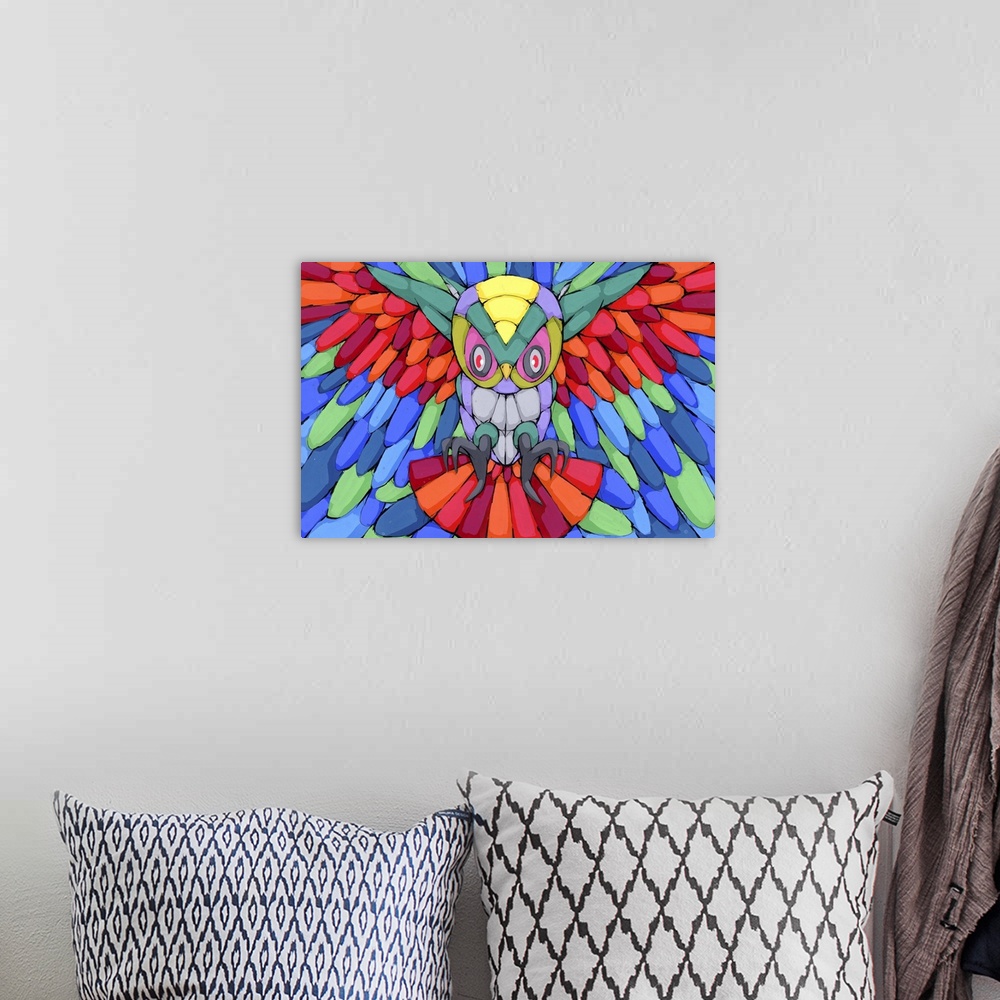 A bohemian room featuring Pop art painting of an owl with talons and wings outstretched.