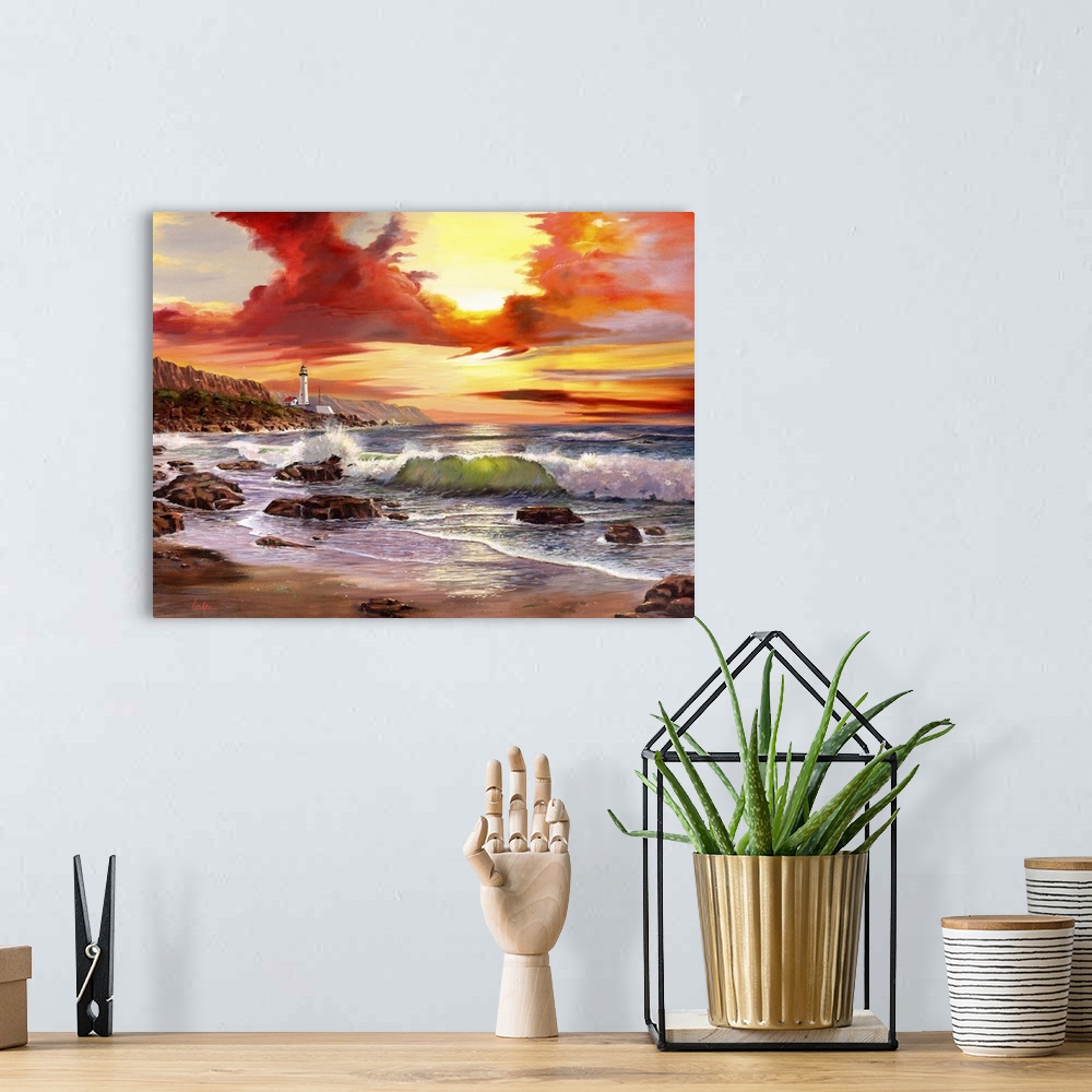 A bohemian room featuring Contemporary painting of waves coming in on the rocky shore, a lighthouse in distance, and a fire...