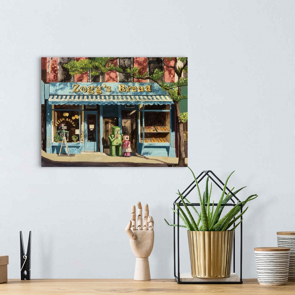 A bohemian room featuring A contemporary painting of two retro toy robots standing out front of a bakery eating donuts.