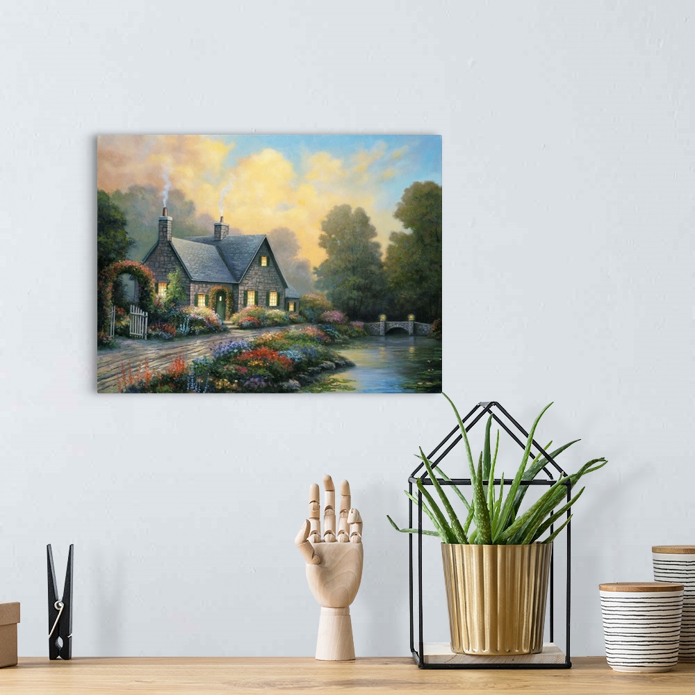 A bohemian room featuring stone cottage, smoke rising from chimney, colorful flowers at the edge of a small river/creek