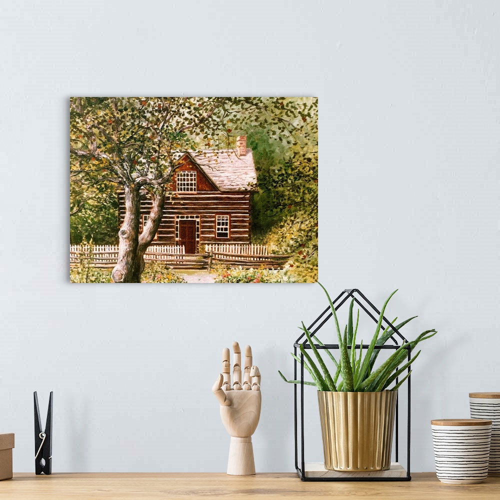 A bohemian room featuring Contemporary artwork of a log cabin behind a fence and a tree.
