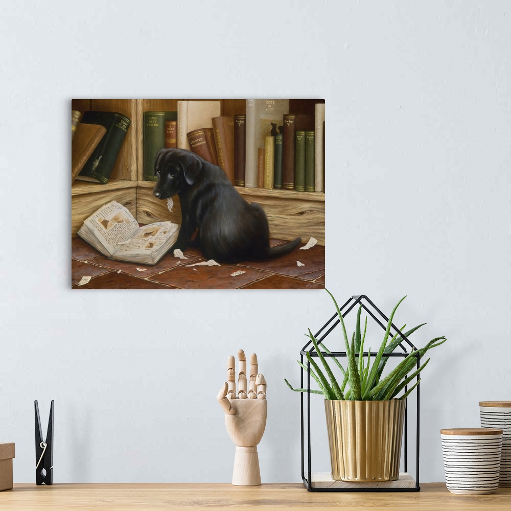 A bohemian room featuring Contemporary painting of a puppy sitting beside a book with torn pages.