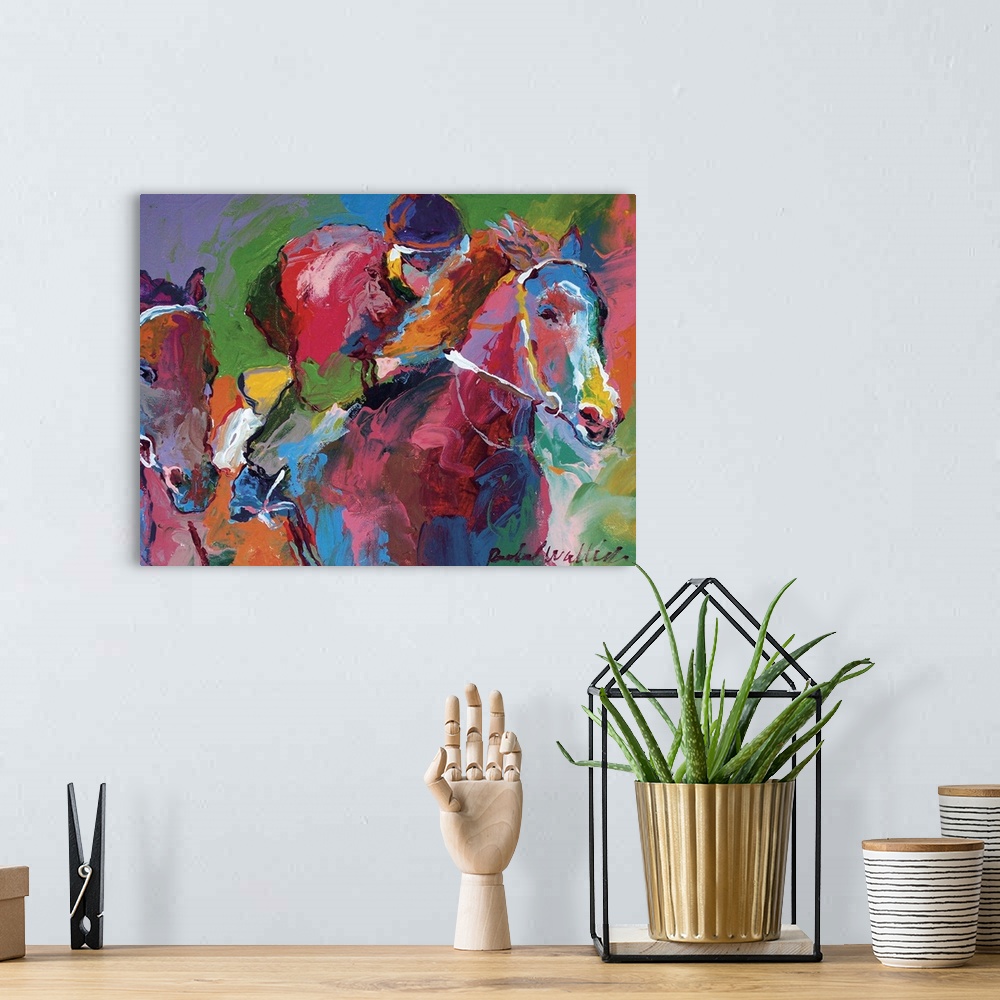 A bohemian room featuring Contemporary vibrant colorful painting of a jockey on horseback.