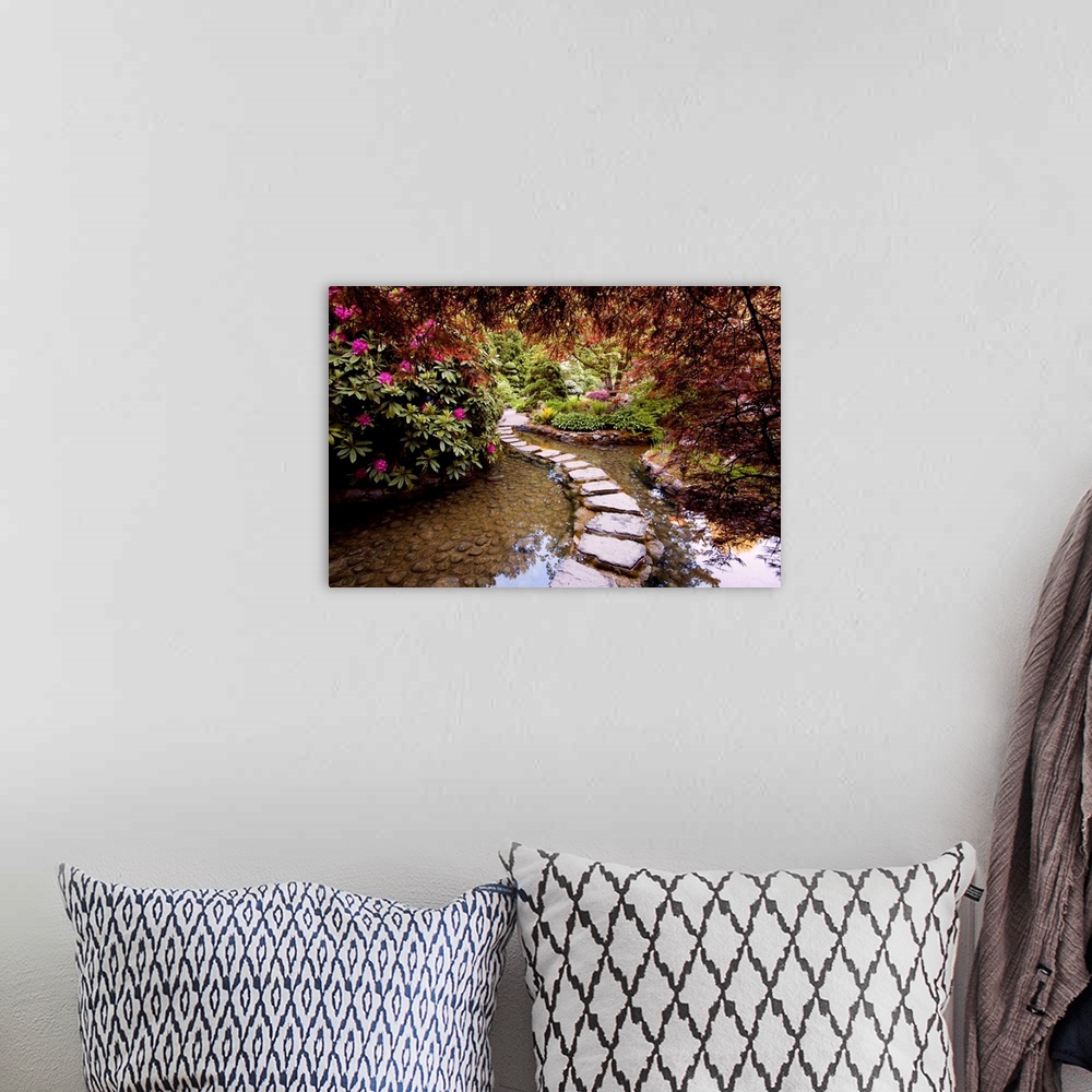 A bohemian room featuring Photograph of stepping stones over water through a garden in bloom.
