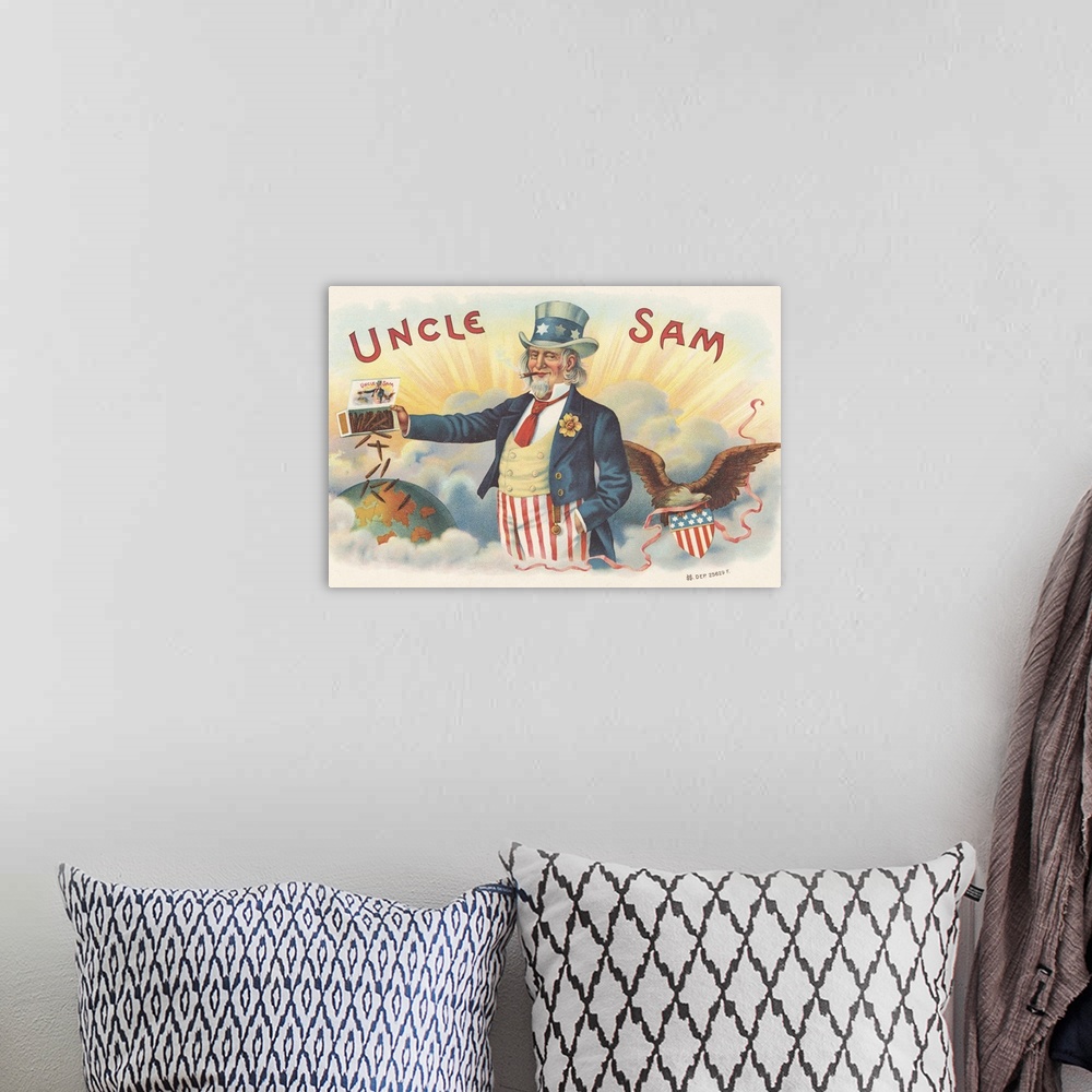 A bohemian room featuring Uncle Sam. Uncle Sam, smoking a cigar while dumping a box of cigars over the world, with an eagle...