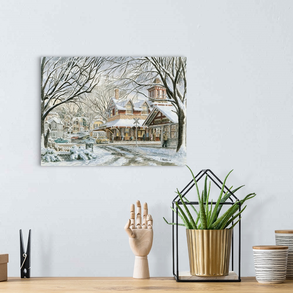 A bohemian room featuring Contemporary painting of an idyllic winter scene in a suburban neighborhood.