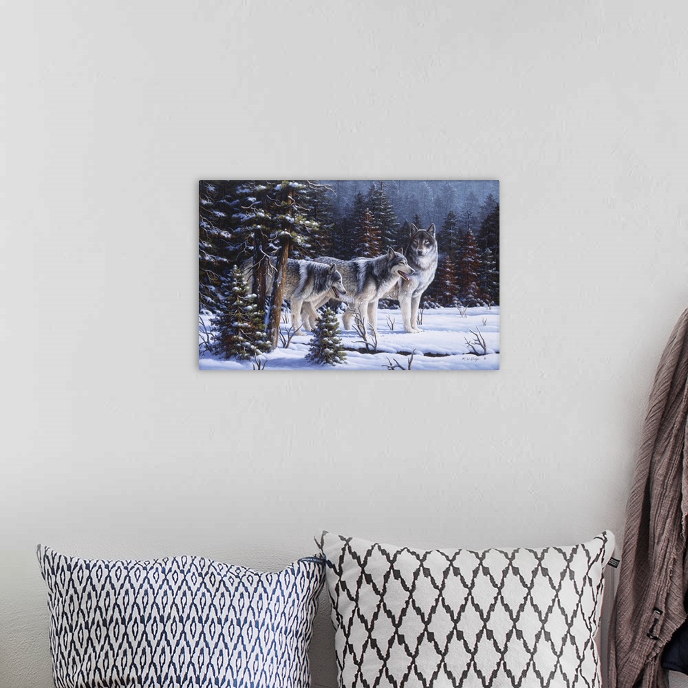 A bohemian room featuring Three wolves in the snow.